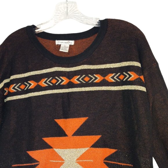 Aztec Sweater Women’s Size Small Black Orange Gold Glitter Warm Pullover - Picture 7 of 11